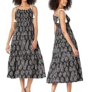 Anthropologie Moon River Floral Rope Tie Maxi Dress, Black White Medium Boho